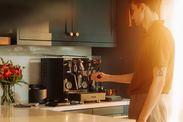 LUCCA X58 Espresso Machine, with man pulling a shot, from Clive Coffee, spring, demo, lifestyle, large