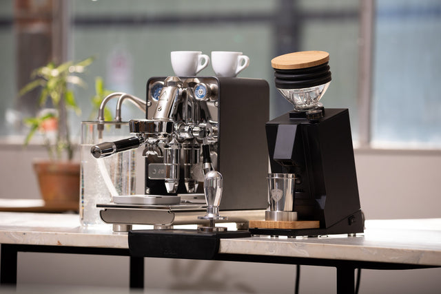 ECM Puristika Single Boiler Espresso Machine with the Eureka Oro Mignon Single Dose grinder in black lifestyle, large