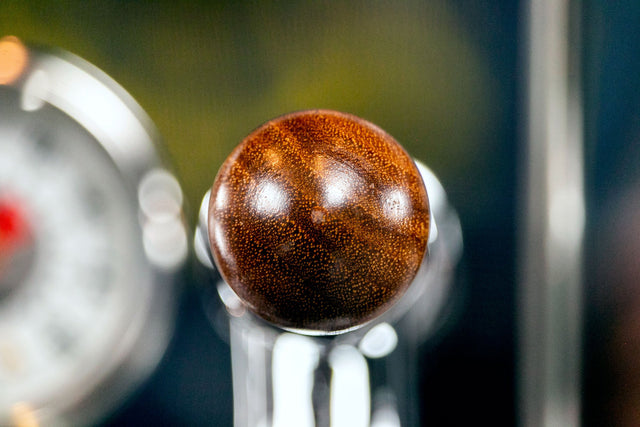 Walnut wood knob on the hot water arm of a ECM Synchronika dual boiler espresso machine, Clive Coffee - Lifestyle