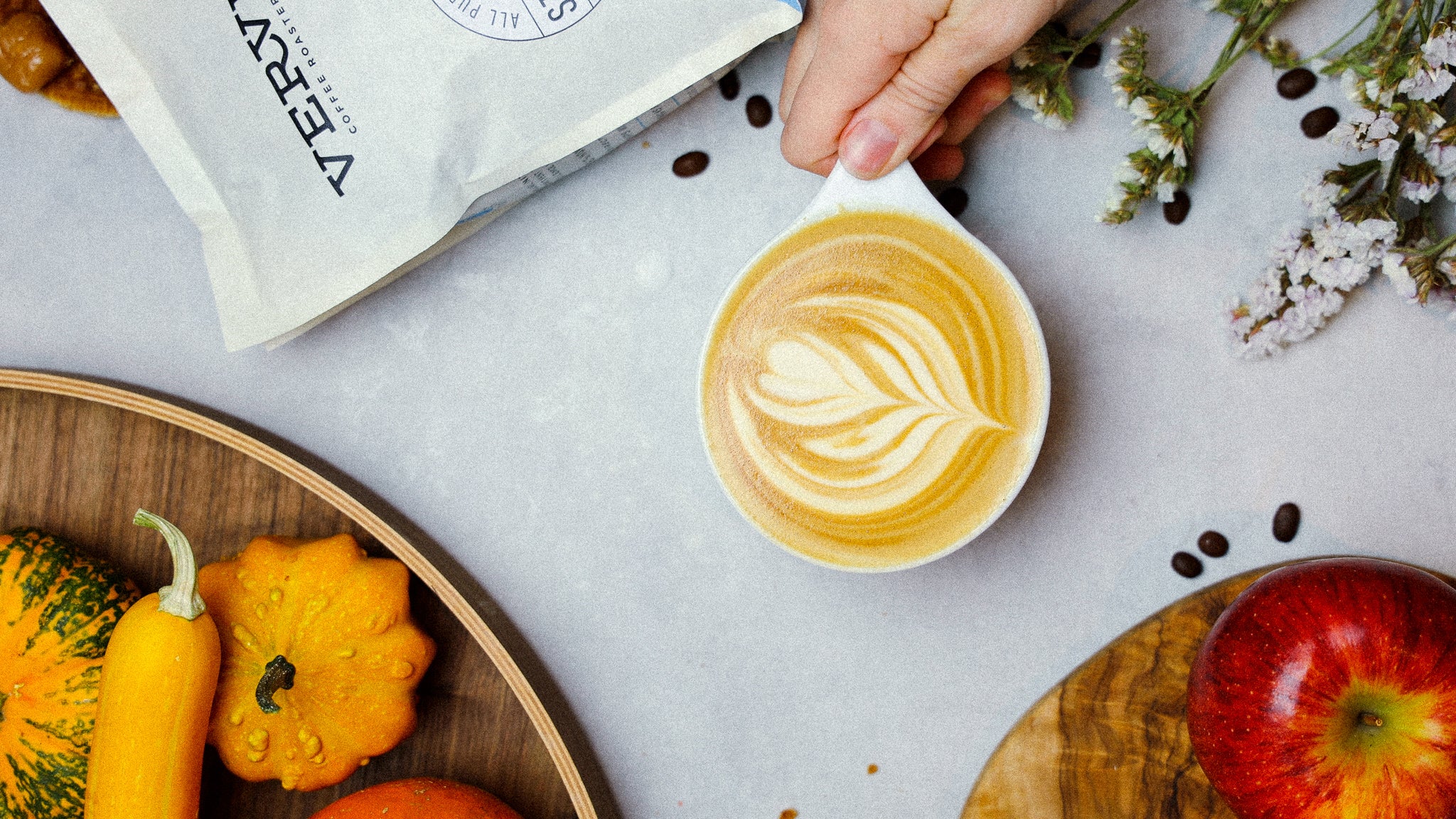 Latte art with verve coffee and other fall decor.